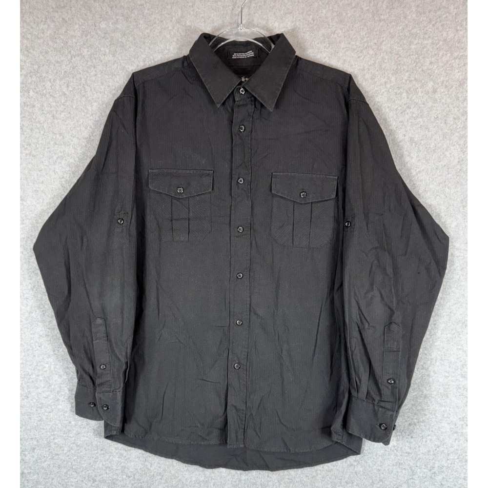 Beverly Hills Polo Club Shirt Mens Large Black Button Up Long Sleeve Pocket Work